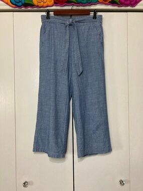 J.Crew Size 8 Wide Leg Cropped Light Blue Chambray Cotton Pants Coastal Beachy